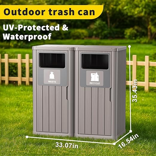 Outdoor Double Barrel Trash Can,Waterproof Resin Garbage Can with Garbage Labels,Durable Waste Bin for Porch, Backyard,Kitchen,for 30 to 39 Gallon Trash Bags