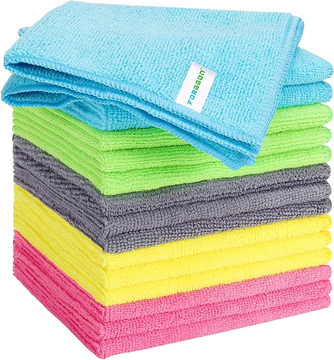 15pcs Microfiber Cleaning Cloth Lint Free, Absorbent, Streak Free, Non-Abrasive, Reusable and Washable,Cleaning Towels with 5 Color Assorted,11.5"X11.5"(Green/Blue/Yellow/Pink/Grey)
