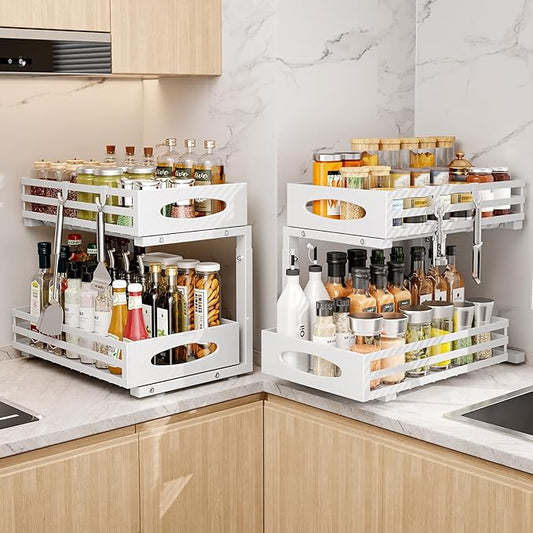 Under Sink Organizer, 2 Tier Under Sink Organizers and Storage, Adjustable Height, Slide out Metal Cabinet Organizers, Pull out Cabinet Storage Drawer Shelf for Kitchen Bathroom