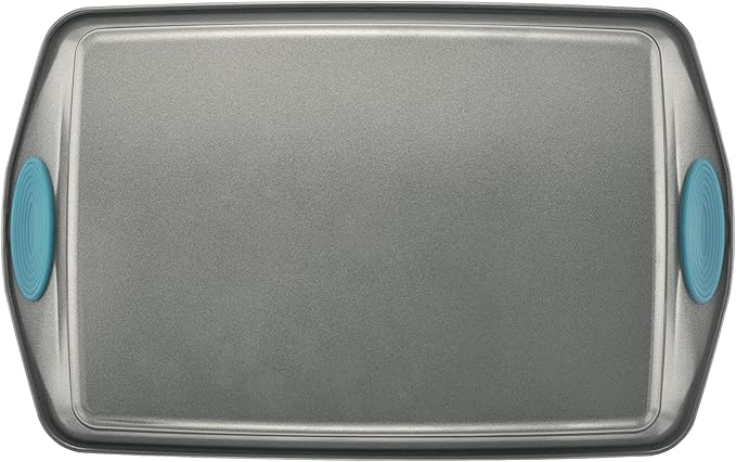 Rachael Ray Bakeware Nonstick Cookie Pan Set, 3-Piece, Gray with Agave Blue Grips