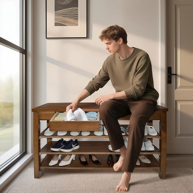 Wood Shoe Bench Entryway with Drawer: 3-Tiers Wooden Storage Shoe Rack with Bench Seat, Compact Mid-Century Modern Design for Entryway,Hallway, Closet,Front Door Entrance,Foyer Walnut 39.3"