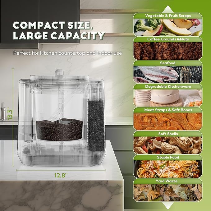 Electric Composter for Kitchen, Large Smart Compost Bin with 2 Carbon Filters, Quick Compost Maker Turn Food Waste to Fertilizer,Odorless/Auto-Clean/Out-Indoor,2025 Newer Home Countertop Compost Gifts