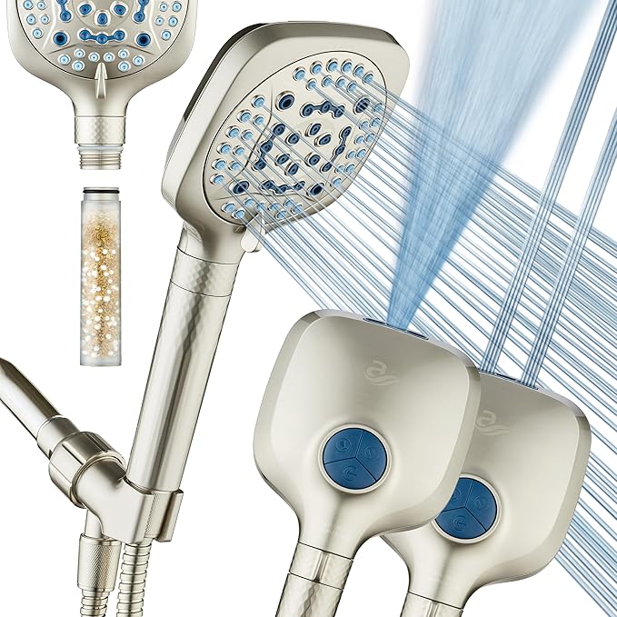 AquaCare 4X High Pressure 10 Spray Mode Filtered Showerhead - Handheld Shower Head Filters Chlorine to Heal Dry Skin, Revive Hair - Dual Power Wash Cleans Tub, Tile, Pets - Hard Water Softener, Nickel