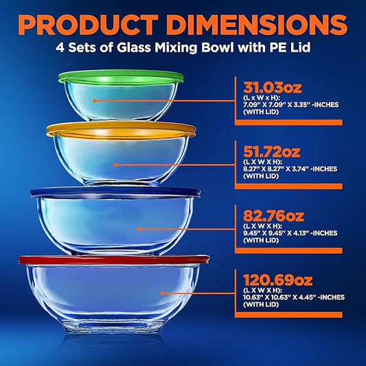 NutriChef 4‑Piece Glass Mixing Bowls with Lids – Premium Borosilicate Glass Bowl Set (1 QT‑3.7 QT) – Non‑Toxic Bowls with Airtight Lids for Mixing, Baking, Serving & Storage