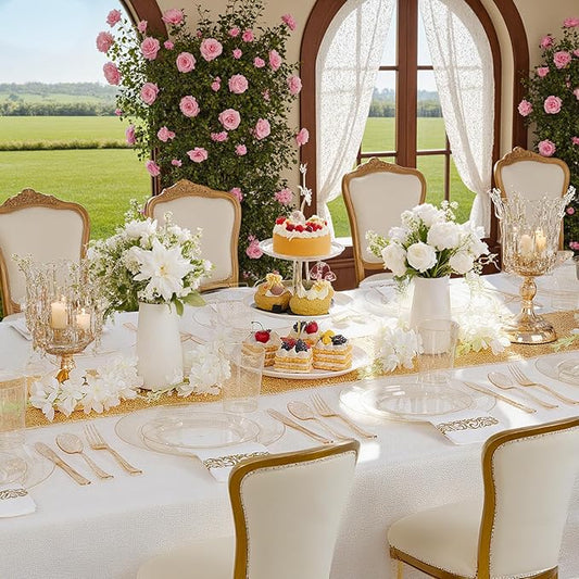 Supernal 400pcs Gold Glitter Plastic Dinnerware, Disposable Plates for Party Include 50 Gold Plastic Plate, 50pcs Dessert Plate 100 Glitter Forks, 50 Disposable Knives and Spoons, 50Cups and Napkins