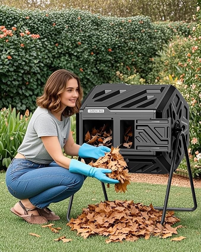 THEGROW'ING Updated 43 Gallon Compost Bin Outdoor, Fast Assemble Tumbling Composter, Dual Chamber Composter Tumbler, Rotating Compost Bin for Outside, Backyard, Garden and Yard, Black