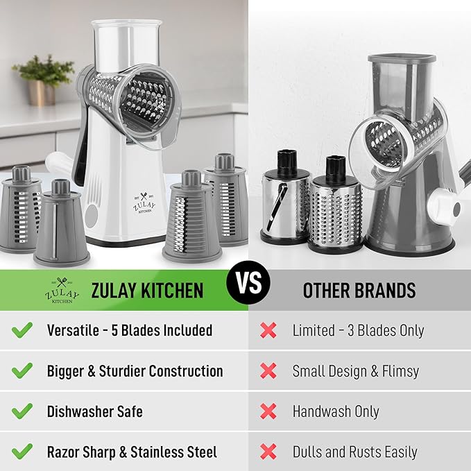 Zulay Kitchen Rotary Cheese Grater 5 Blade Cheese Shredder - Manual Hand Crank Cheese Grater With Reinforced Suction & 5 Interchangeable Drums - Easy to Use, Vegetable Chopper Round Mandoline Slicer