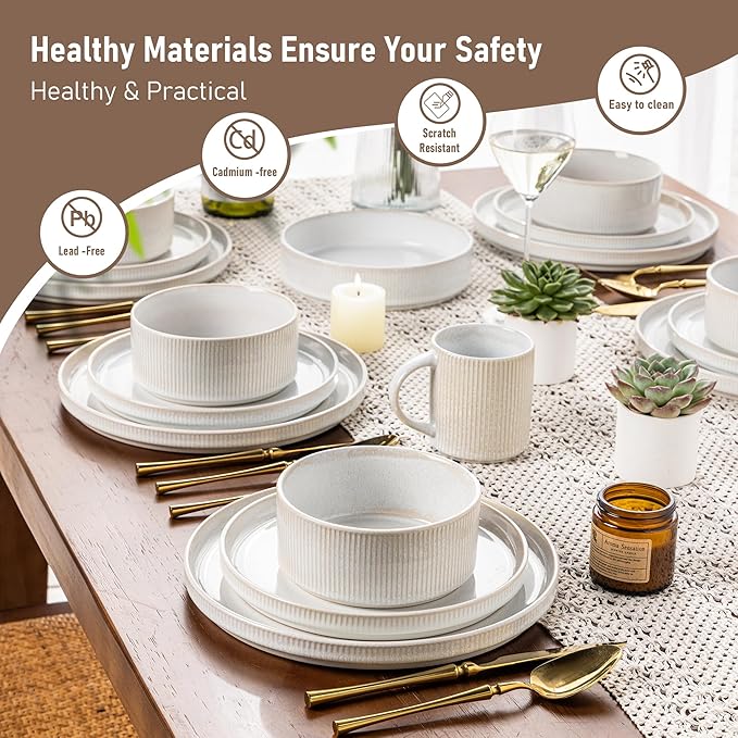 GBHOME Stoneware Dinnerware Sets for 4, Round Reactive Glaze Ceramic Plates and Bowls Set, Highly Scratch Resistant | Dishwasher & Microwave Safe ,Service for 4(12Pcs),Sugar White