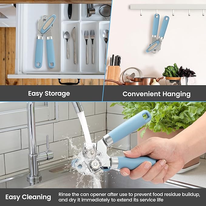 Heavy Duty Manual Can Opener with Magnet and Bottle Opener, Vayvnt Stainless Steel Can Opener, Oversized Handle Easy Use, Multifunctional Kitchen Essentials for Seniors, Sharp Blade&Smooth Edge, Blue
