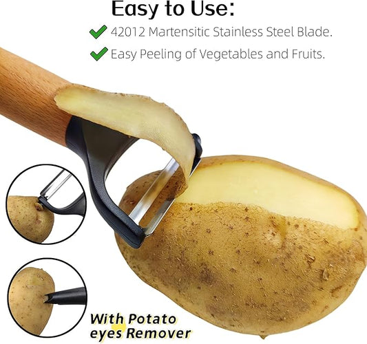 Trez Treamer 2 pack Vegetable Peelers for Kitchen, Super Sharp Wooden Potato Peeler Set Apple Cucumber Carrot Fruit Potatoes Veggie Peeler Bulk with Stainless Steel Blade,Dishwasher Safe