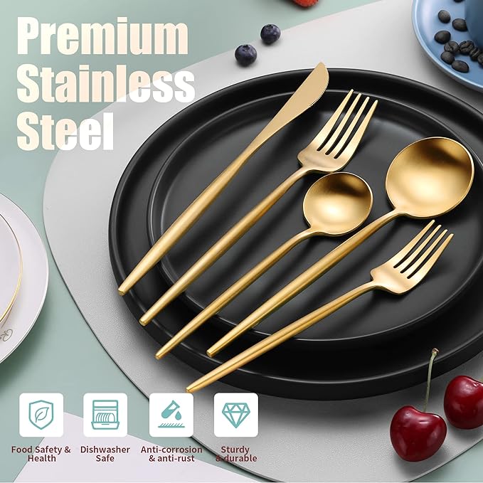 Lemeya Matte Gold Silverware Set for 6,Modern Stainless Steel Brushed Cutlery Set,30-Pieces Heavy Duty Flatware Set,Knives Spoons and Forks Set Utensils Set,Satin Finish,Dishwasher Safe