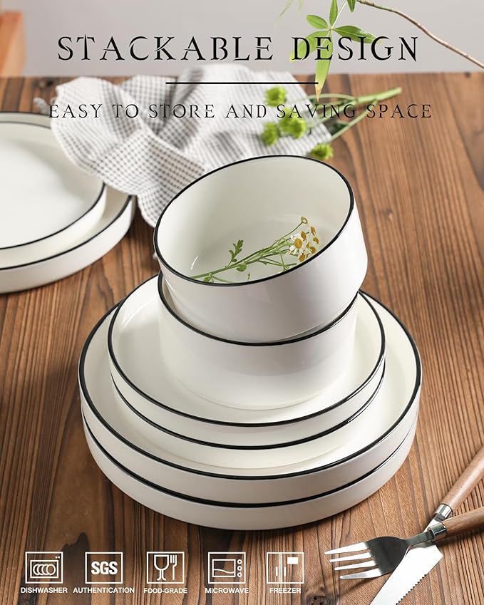 Sweejar Porcelain Dinnerware Sets for 4, 12 Pieces Ceramic Plates and Bowls Set, Classic Modern Simple Kitchen Dinner Dining Ware Set, Dishwasher and Microwave Safe Dishes Sets(Pure White-Black Rim)