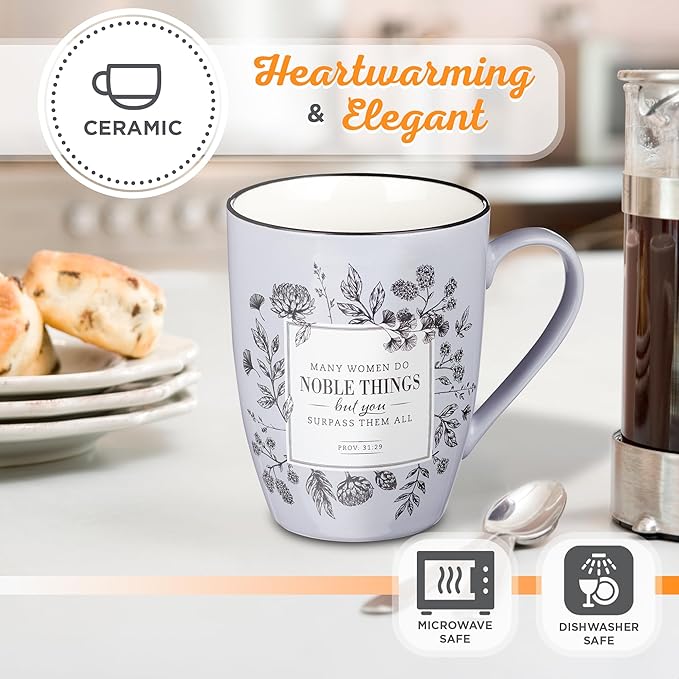 Christian Art Gifts Inspirational Microwave/Dishwasher Safe Coffee & Tea Scripture Mug: Many Women Do Noble Things Encouraging Proverb Bible Verse, Novelty Drinkware, Lavender Purple & White, 12 oz.