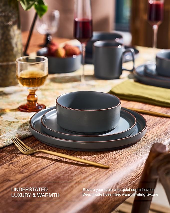 Famiware Nebula Ridge Stoneware Dinnerware Sets for 8, 24 Pieces Plates and Bowls Sets, Dishes Set, Microwave and Dishwasher Safe Kitchen Plates, Charcoal