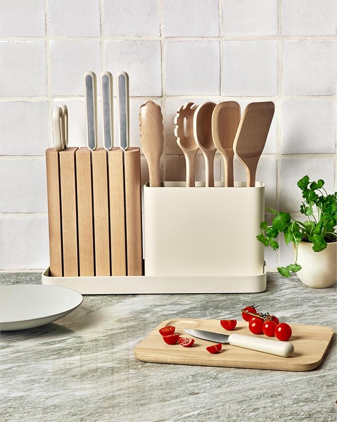 Caraway 14-Piece Kitchen Prep Set - Kitchen Knife Set & Wooden Utensil Set - Made With Premium German Steel Blades & FSC-Certified Birch Wood - Non-Toxic Materials - Includes Organizer - Mist