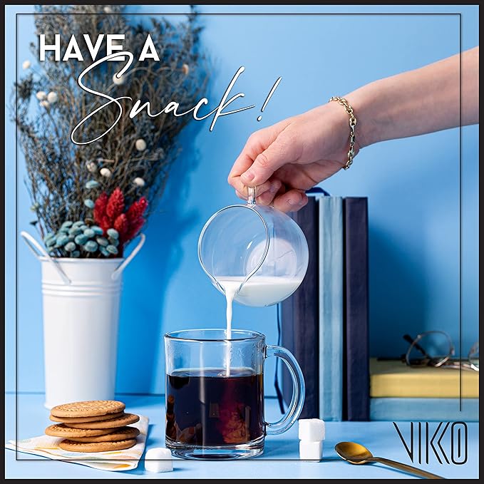 Vikko Glass Coffee Mug Set of 6, 10.75 Ounce Clear Mugs, Microwave and Dishwasher Safe