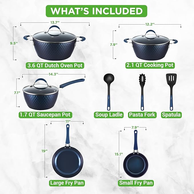 NutriChef 11-Piece Kitchen Cookware Set, Non-Stick Pots and Pans, Easy-to-Clean, Kitchen Utensils Set with Ceramic Coating for Home Cooking, Induction Safe, Diamond Pattern