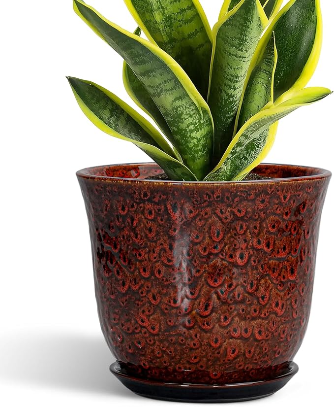 Ceramic Planter - 8 Inch Plant Pot for Indoor Outdoor, Ceramic Flower Pots with Drainage Hole and Saucer, Round Planter, Decorative Plant Pot, Room Home Apartment Decor, Gift for Women, Red