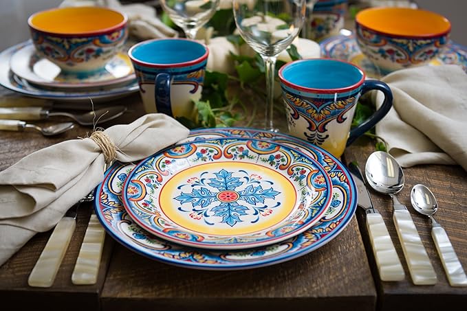 Euro Ceramica Zanzibar Collection 16 Piece Dinnerware Set Kitchen and Dining, Service for 4, Spanish Floral Design, Multicolor, Blue and Yellow
