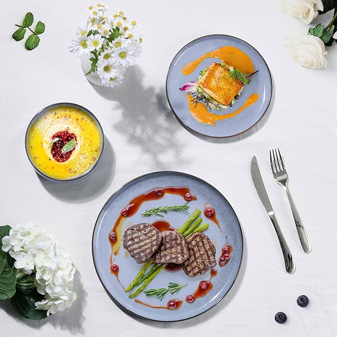 Herogo 12 Pieces Stoneware Dinnerware Sets Service for 4, Dinner Plates and Bowls Sets, Double Reactive Glaze Dishes Set for Kitchen, Scratch Resistant, Microwave & Dishwasher Safe, Haze Blue