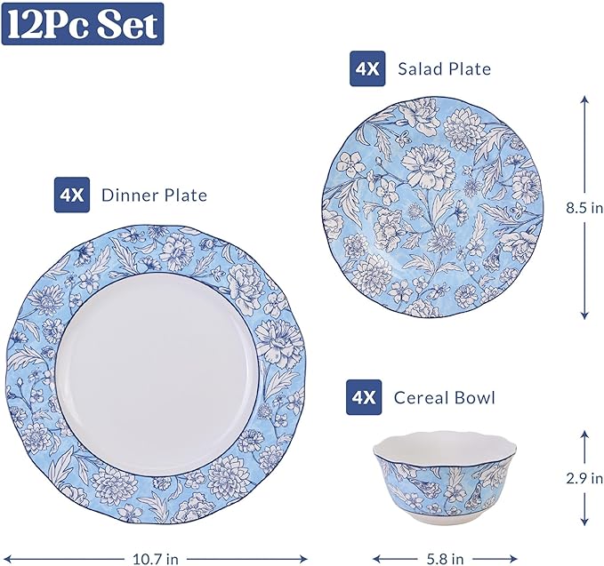 222 Fifth 12-Piece Porcelain Dinnerware Set for 4, White & Light Blue Plates and Bowls Set, Glossy Ceramic Dish Set with Ornate Floral Design, Kitchen Tableware, Microwave & Dishwasher Safe, Cleremont
