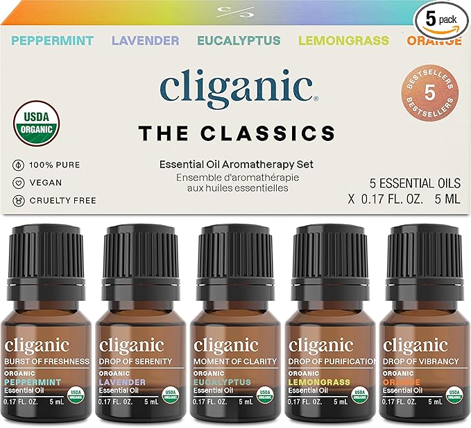 Cliganic Organic Essential Oils Set (Top 5 - The Classics) - 100% Pure Natural - Aromatherapy, Candle Making - Peppermint, Lavender, Eucalyptus, Lemongrass & Orange