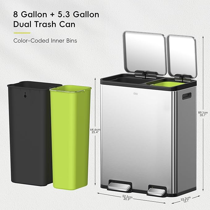 EKO EcoCasa Stainless Steel Dual Step Trash Can for Recycling, 30L+20L Rectangular Kitchen Trash Can, Independent Pedals and Lids, Soft Close and Fingerprint Resistant