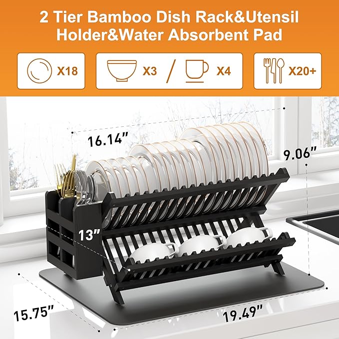 Greenual Black Bamboo Dish Drying Rack with Utensil Holder, 2 Tier Collapsible Dish Rack, Wooden Dish Racks for Kitchen Counter, Folding Drying Holder with Absorbent Dish Drying Mat