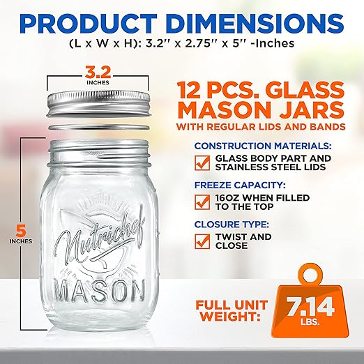NutriChef 12-Pack 16 oz Mason Jars with Lids - Thick Glass Canning Jars with Stainless Steel Lids - Ideal for DIY Spices, Meal Prep, Overnight Oats, Jelly, Jam, Honey, Candles, Crafts, & More