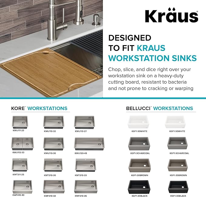 Kraus Kore Solid Bamboo Cutting Board for Workstation Kitchen Sink (16 3/4 in. x 12 in.), KCB-WS103BB