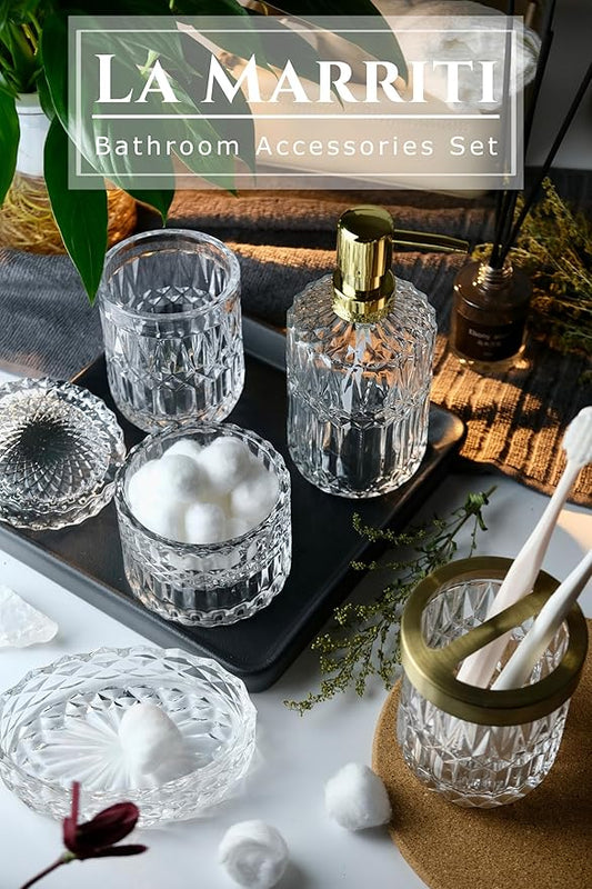Glass Bathroom Accessories Set, 5pcs Crystal Clear Bathroom Accessories, Toothbrush Holder Set, Soap Dispenser, Soap Dish, Tumbler, Qtips Holder for Vintage Bathroom Decor, Christmas Decor