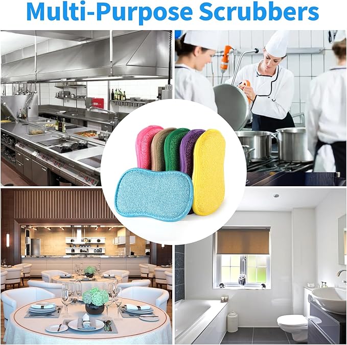 6 Pack Multi-Purpose Scrub Sponges for Kitchen 6 Colors, Non-Scratch Microfiber Sponge with Heavy Duty Scouring Power, Effortless Cleaning of Dishes, Pots and Pans