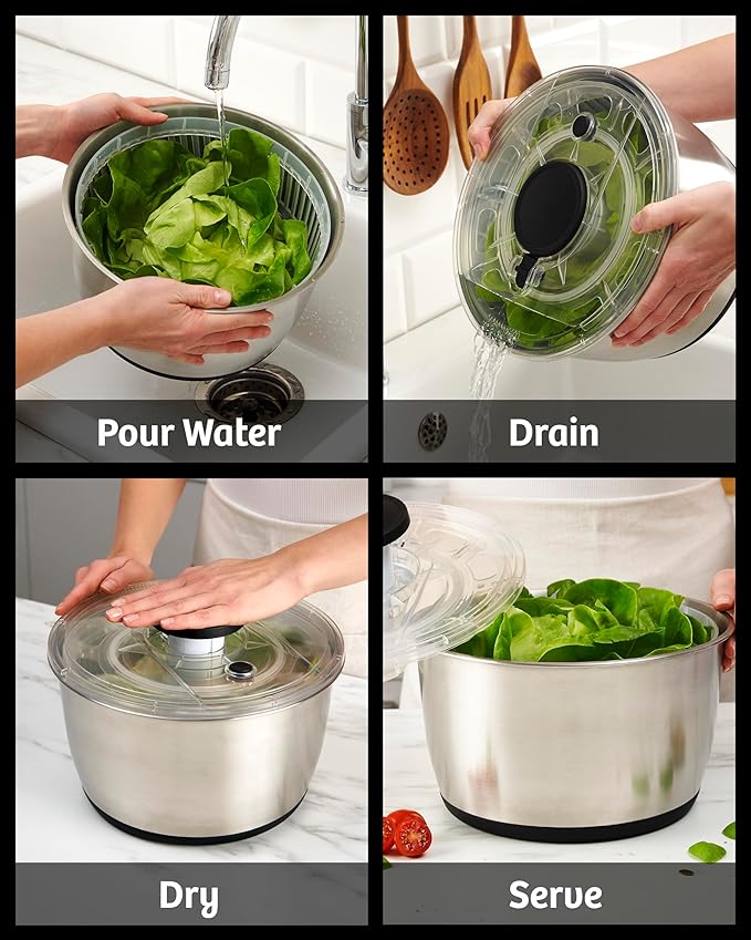 lily&stone Large Stainless Steel Pump Salad Spinner with Drain, Bowl, and Colander - Quick and Easy Multi-Use Lettuce Spinner, Vegetable Dryer, Fruit Washer, Pasta and Fries Spinner - 6.33 Qt