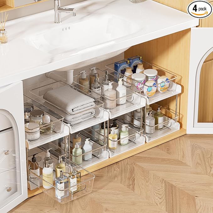 Vtopmart 4 Pack Bathroom Organizer, 2 Tier White Under Sink Organizers Vanity Countertop Storage Container,Cabinet Drawers Bins, Pull-Out Organization with Track for Pantry, Kitchen