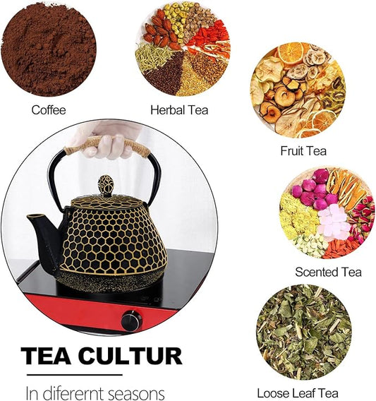 Cast Iron Tea Pot - Honeycomb Pattern Tea Kettle with Tea Leaf Infuser,Stovetop Tea Kettle Coated with Enameled Interior,Suitable for Brewing Loose Leaf Tea (Gold)