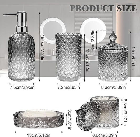 Bathroom Accessories Set, 5Pcs Gradient Glass Bath Accessory Sets Complete, Glass Bathroom Accessories with Soap Dispenser, Soap Dish, Toothbrush Holder, Qtip Holder