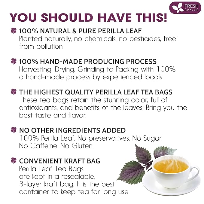 FreshDrinkUS, Premium Perilla Leaf Tea β 75 Tea Bags | 100% Pure Perilla Leaves | Caffeine-Free, Non-GMO, Natural Packaging | Herbal Tea Bags for Daily Enjoyment. Gluten-Free. Sugar-Free. Vegan