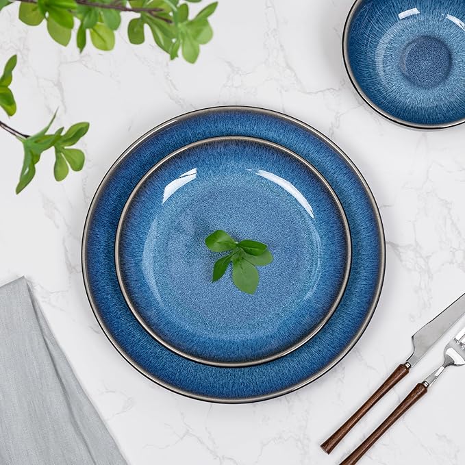 Plates and Bowls Sets for 6 - CJDC-QUELO 24-Piece Stoneware Dinnerware Sets, Ceramic Dishware Set for Indoor Kitchen Use and Formal Dining, Chip and Scratch Resistant Microwave Dishwasher Safe, Blue