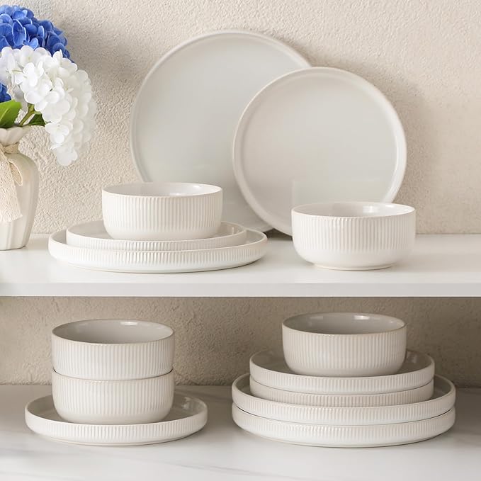 Dinnerware Sets, 24 Pieces Stoneware Plates and Bowls Set, Reactive Glaze Ceramic Dishes Set Scratch Resistant, Kitchen Dinner Set Dishwasher & Microwave Safe, Service for 8