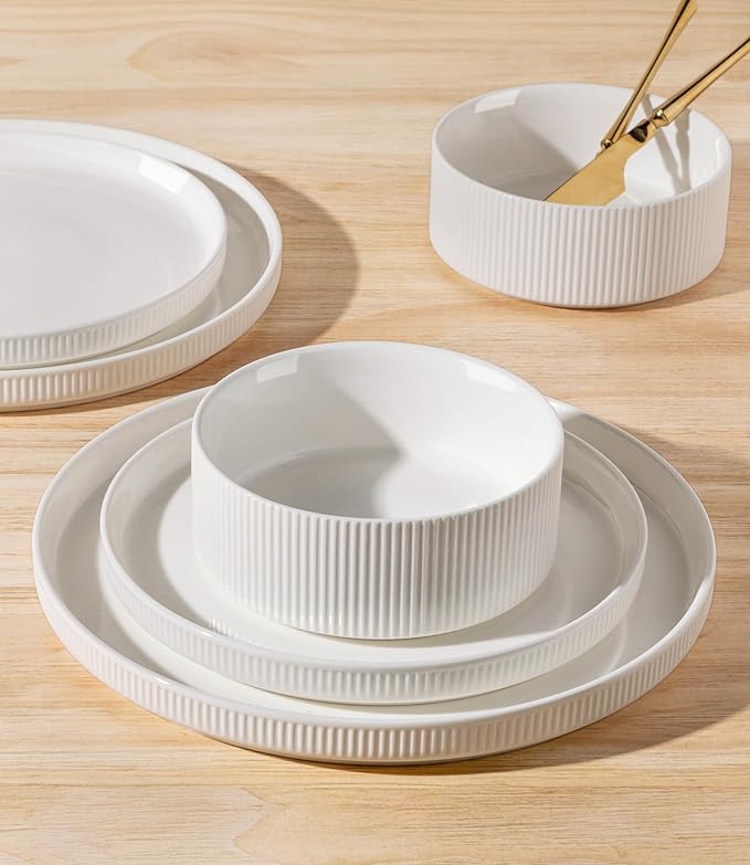 TheTerra Ceramic Dinnerware Sets for 8, 24 Pieces Porcelain Lightweight Plates and Bowls Sets, Scratch Resistant Dish Set, Oven & Microwave & Dishwasher Safe, Bright White