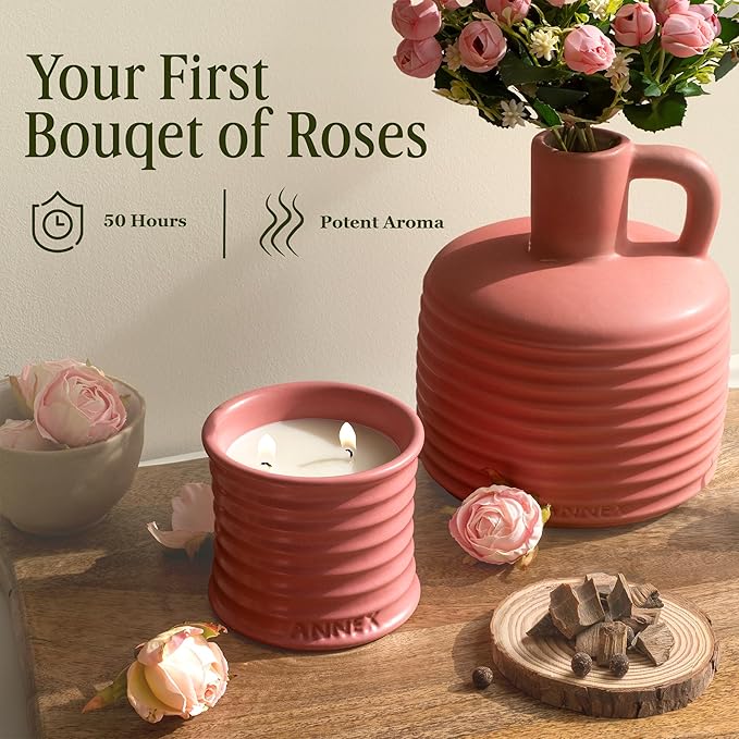 Scented Luxury Candles in Handmade Ceramic Jars, Soy Wax | Canal Rose – Rose Bud & Oud Scented, Large Candle | Non Toxic, 2 Wicks, Reusable Big Pink Jar | Natural Spring Aromatherapy for Women & Men