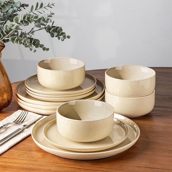TheTerra Ceramic Dinnerware Sets for 4, 12 Pieces Handmade Reactive Glaze Plates and Bowls Set, Scratch Resistant Dish Set, Oven & Microwave & Dishwasher Safe