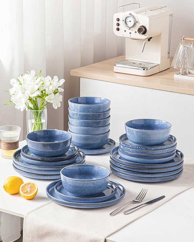 vancasso ANYA 24 Pieces Plates and Bowls Set, Blue Dinnerware Sets, Reactive Glaze Dishes Set for 8, Ceramic Dishware Sets Kitchen Dinner Set, Microwave & Dishwasher Safe