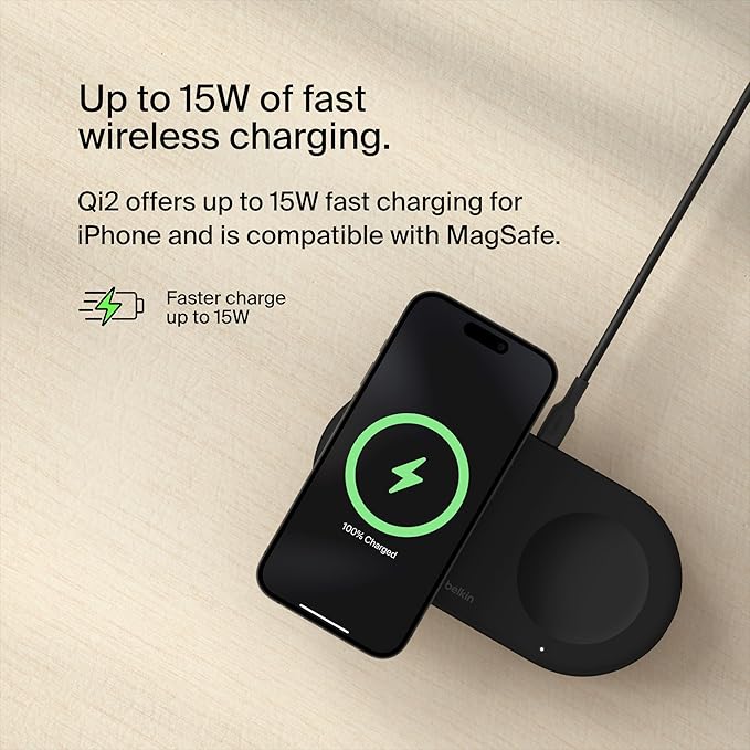 Belkin 2-in-1 Wireless Charging Pad w/ Qi2 15W + Additional USB-C Port - MagSafe-Compatible Charger, Charging Station for iPhone 16 & 15 Series, Samsung Galaxy S25 Series, AirPods, & More - Black