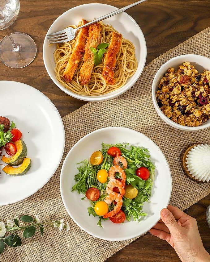 Stoneware plates and bowls sets, 12 Pieces Dinnerware Sets, Dishes Set for 4,Kitchen Essential of Scratch-Resistant Ceramic Plates Set, Microwave and Dishwasher Safe Tableware- Matte white