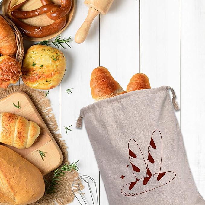 Augshy 4 Packs Linen Bread Bags for Homemade Bread, Unbleached, Reusable Bread Storage Bakery & Baguette