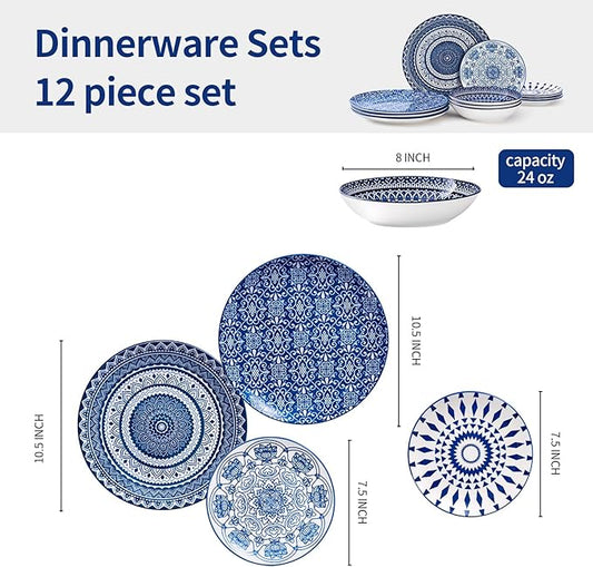 Bestone Porcelain Dinnerware Sets Service for 4, 12 pcs Hand drawn Plates and Bowls Sets, Handmade Ceramic Dish Set, Chip Resistant Modern Plate Set, Dishwasher/Microwave Safe,Vintage Blue