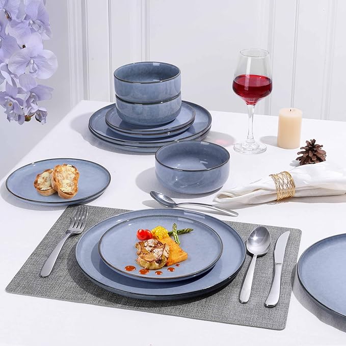 Herogo 6-Piece Stoneware Dinnerware Sets for 2, Stackable Dinner Plates and Bowls Sets, Double Reactive Glaze Dishware Place Setting for Kitchen, Scratch Resistant, Microwave Safe, Haze Blue