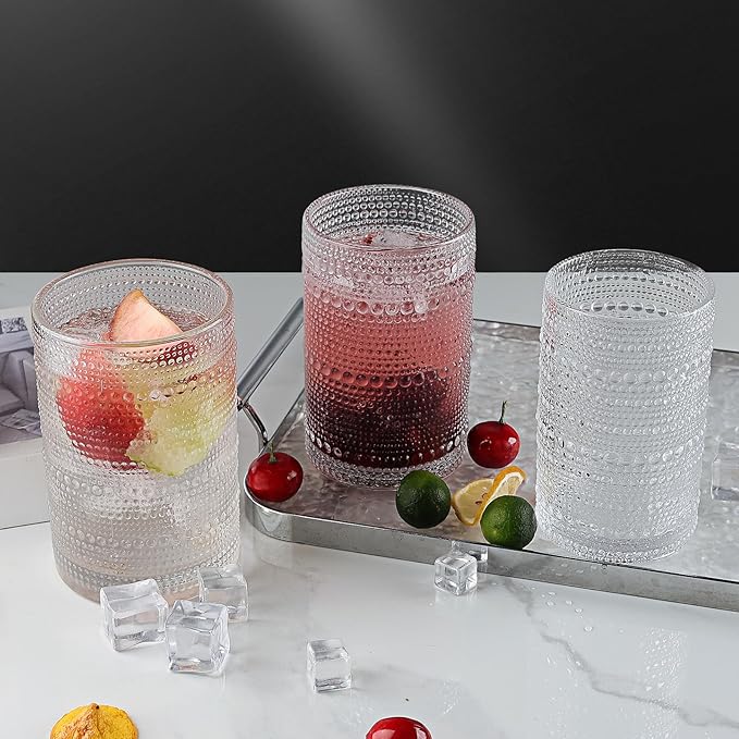 Hobnail Drinking Glasses Set,16 Oz Vintage Embossed Glass Tumbler for Cocktail, Beer, Juice, Water, Whiskey and Kitchen Glassware, 4 Pack