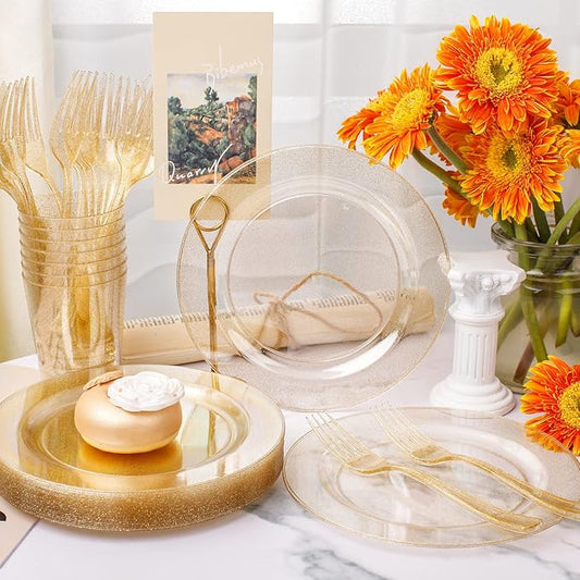 WELLIFE 150PCS Gold Dessert Plates – Gold Glitter Party Plates, Cups & Forks, Plastic Disposable Dinnerware Set for 50 Guests, Christmas, New Year’s Eve & Holiday Party Supplies